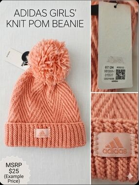 Adidas Girls' Knit Pom Beanie – Coral/Peach
